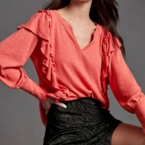 Pilcro Sweaters - Pilcro Womens V Neck Orange Ruffle Longsleeve Sweater size Small